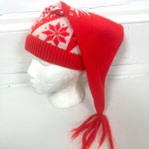 Vintage Red White Knit Stocking Cap Hat Nordic Snowflake Design Tassel  Adult